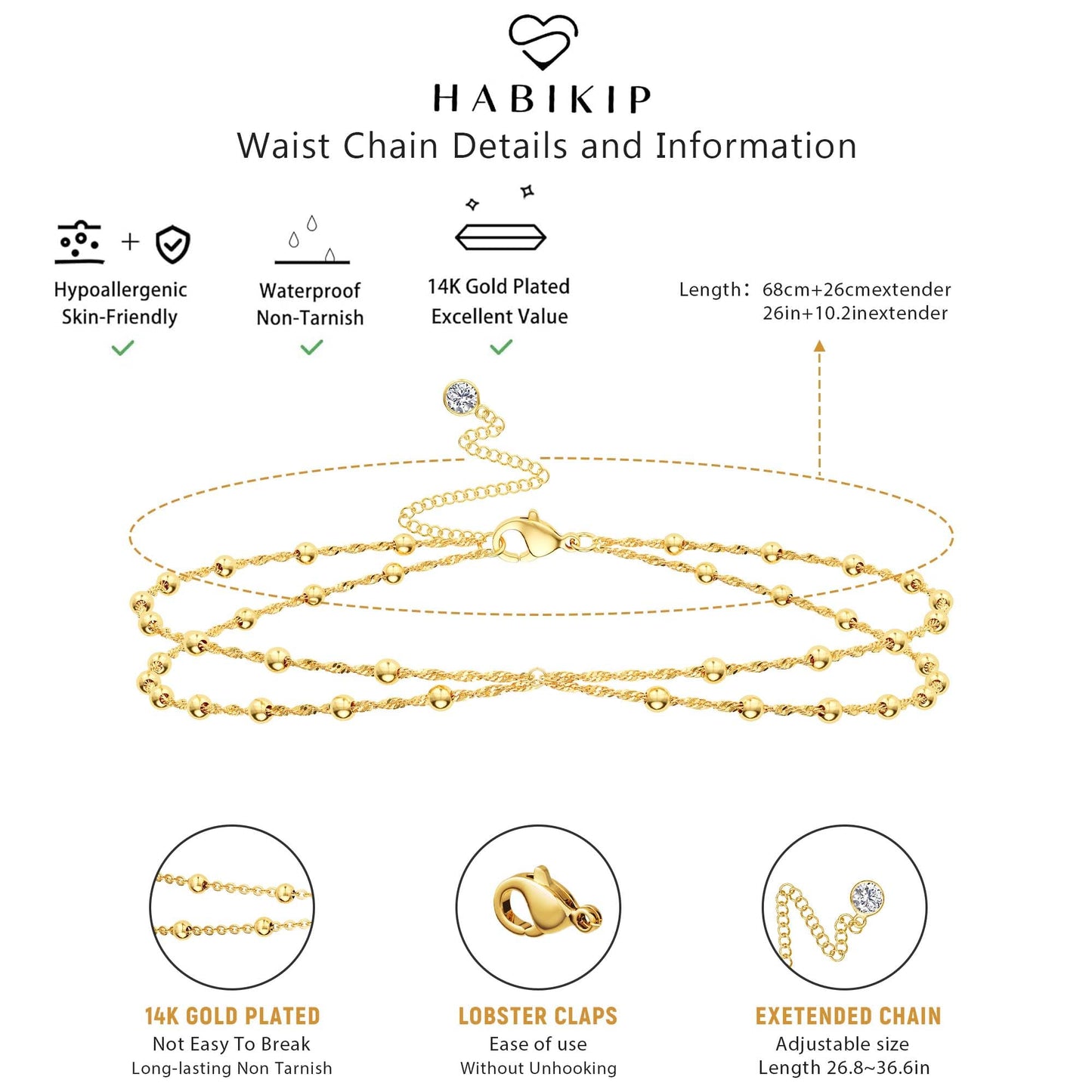 HABIKIP 14K Gold Plated Waist Chain for Women, Dainty Gold Plated Belly Chain Belt Sexy Bikini Beach Satellite Waist Beads Chain Waterproof Body Chain Adjustable Summer Jewelry Accessories for Women
