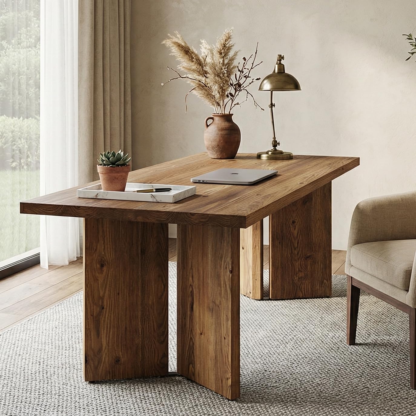 LITTLE TREE 63" Long Large Wood Desks, Solid Wood Office Desk, Farmhouse Executive Computer Desk, Home Office Workstaticon, Work Writing Table, Rustic Brown