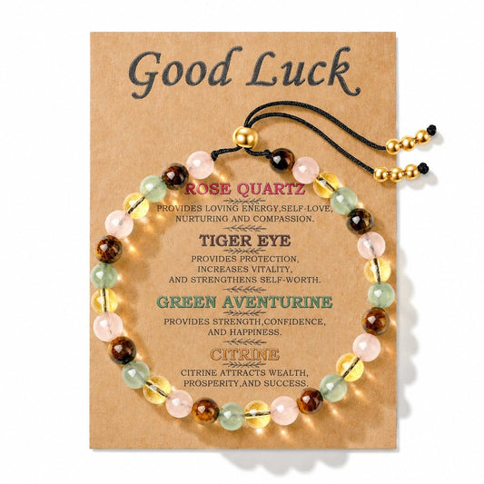 NUKAYAI Good Luck Bracelet for Women Gifts Crystals Karma Luc Vibes Only Rose Quartz Citrine Tiger Eye Green Aventurine Jewelry Natural Stones Teens