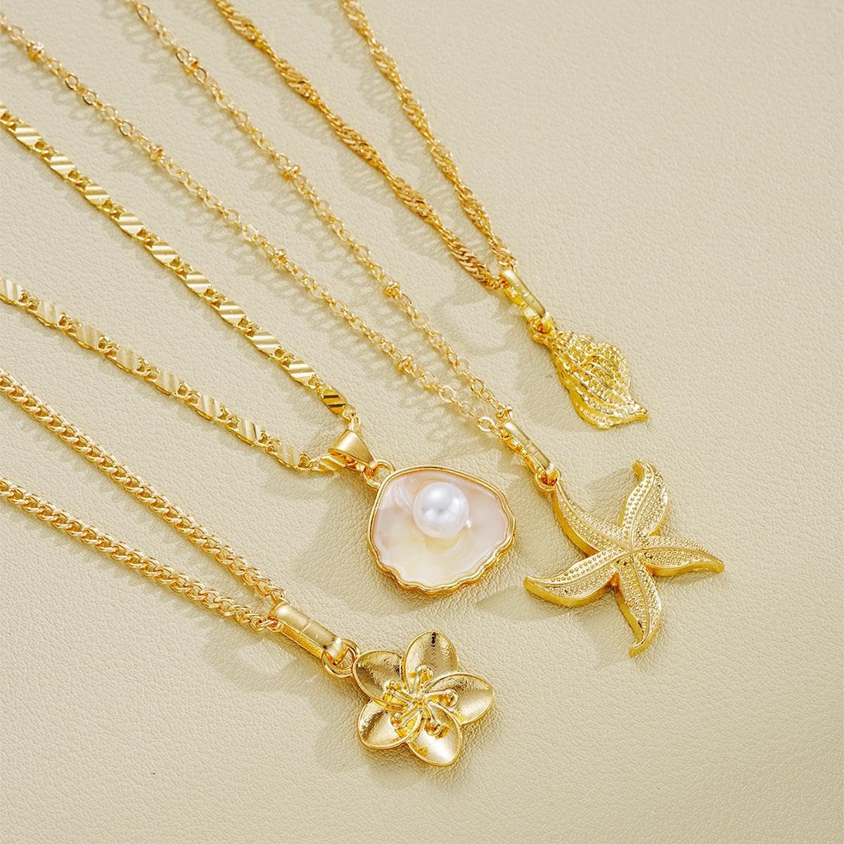 Gold Shell Starfish Necklace for Women Layered Pearl Conch Pendant Necklace Dainty Summer Beach Vacation Boho Jewelry (Gold 4pcs)