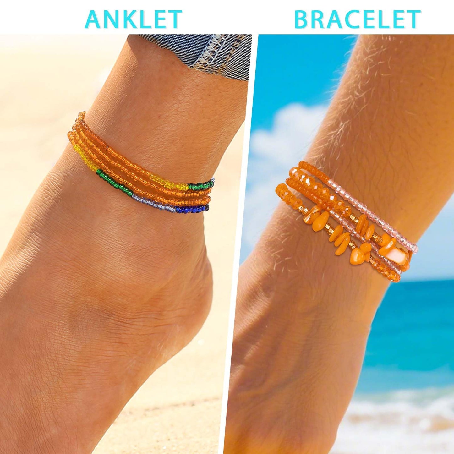 ELABEST Adjustable Handmade Waist Beads Stretchy 23-52 inch 8Pcs Chakra Body Belly Beaded Women Waist, Anklet, Bracelet, Necklace Jewelry with Screw clasp (Orange, 39.3inch/100cm)
