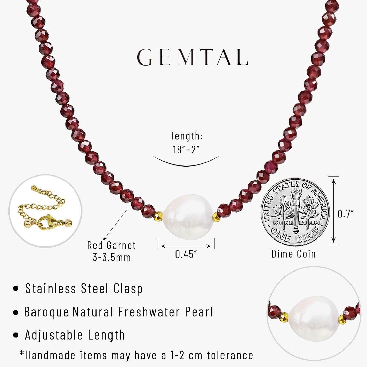 Single Pearl Necklaces for Women, Garnet Necklace Natural Red Stone Gemstone Choker Necklace, Dainty Pearl Drop Necklace Handmade Jewelry Women Christmas Gift Birthday Bridesmaids Anniversary 18 inch