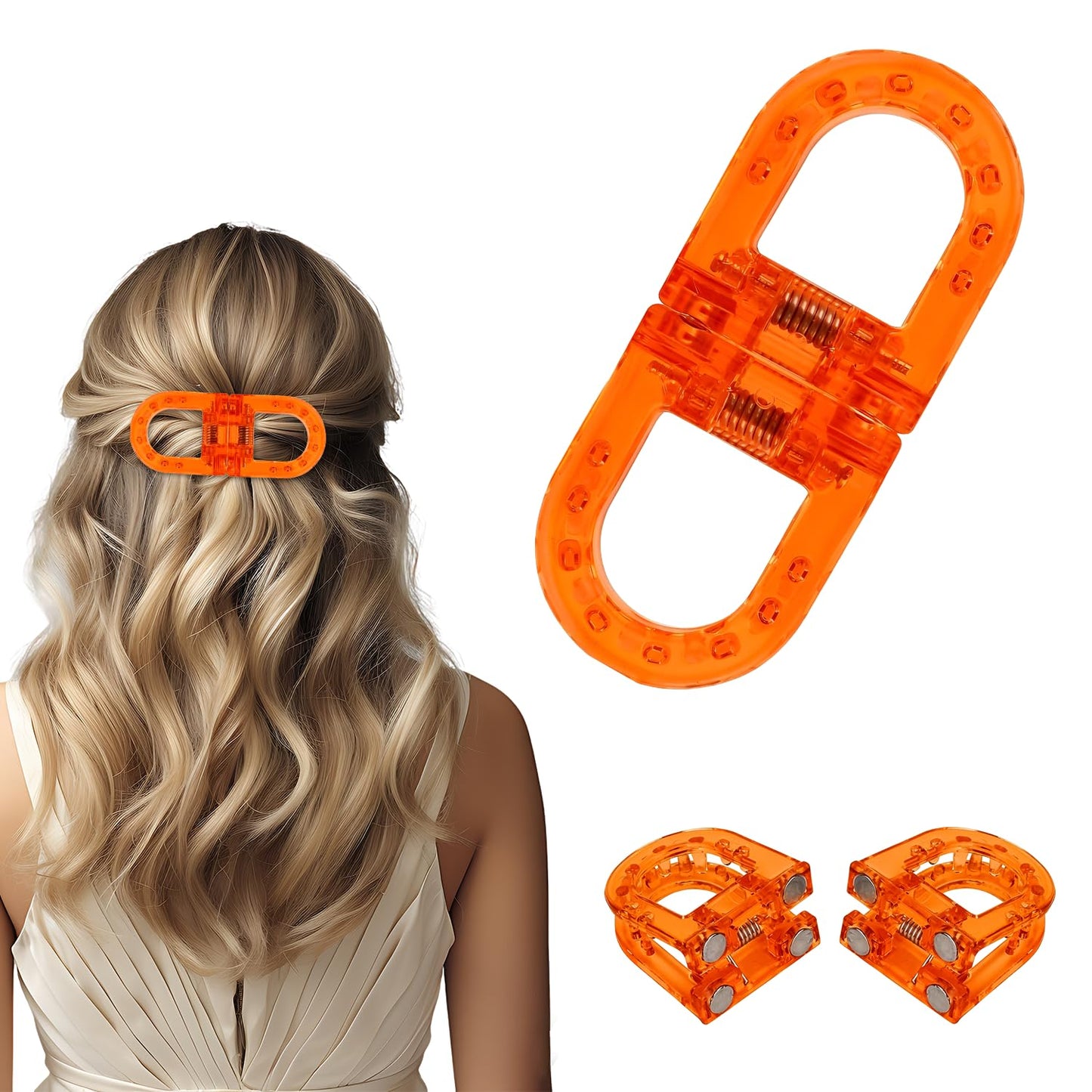 Magnetic Hair Clips, Strong Hold No-Slip Magnetic Hair Styling Clips, Clip No Crease Hair Types Strong Hold, Seamless 2-in-1 Design for Easy Everyday Hairstyles (New-Orange)