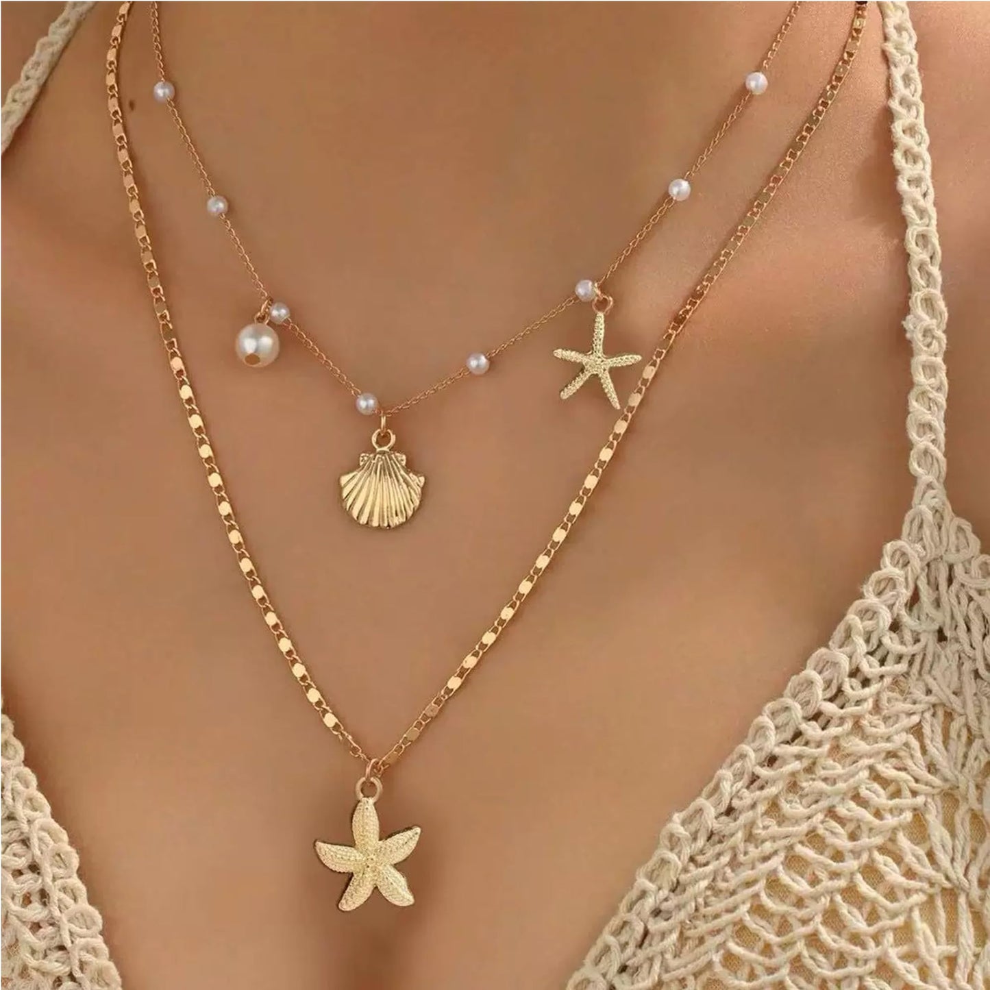 HLZMZQF Gold Starfish Shell Pendant Layered Necklaces Conch Charm Necklace for Women Boho Beach Trendy jewelry (gold starfish shell)