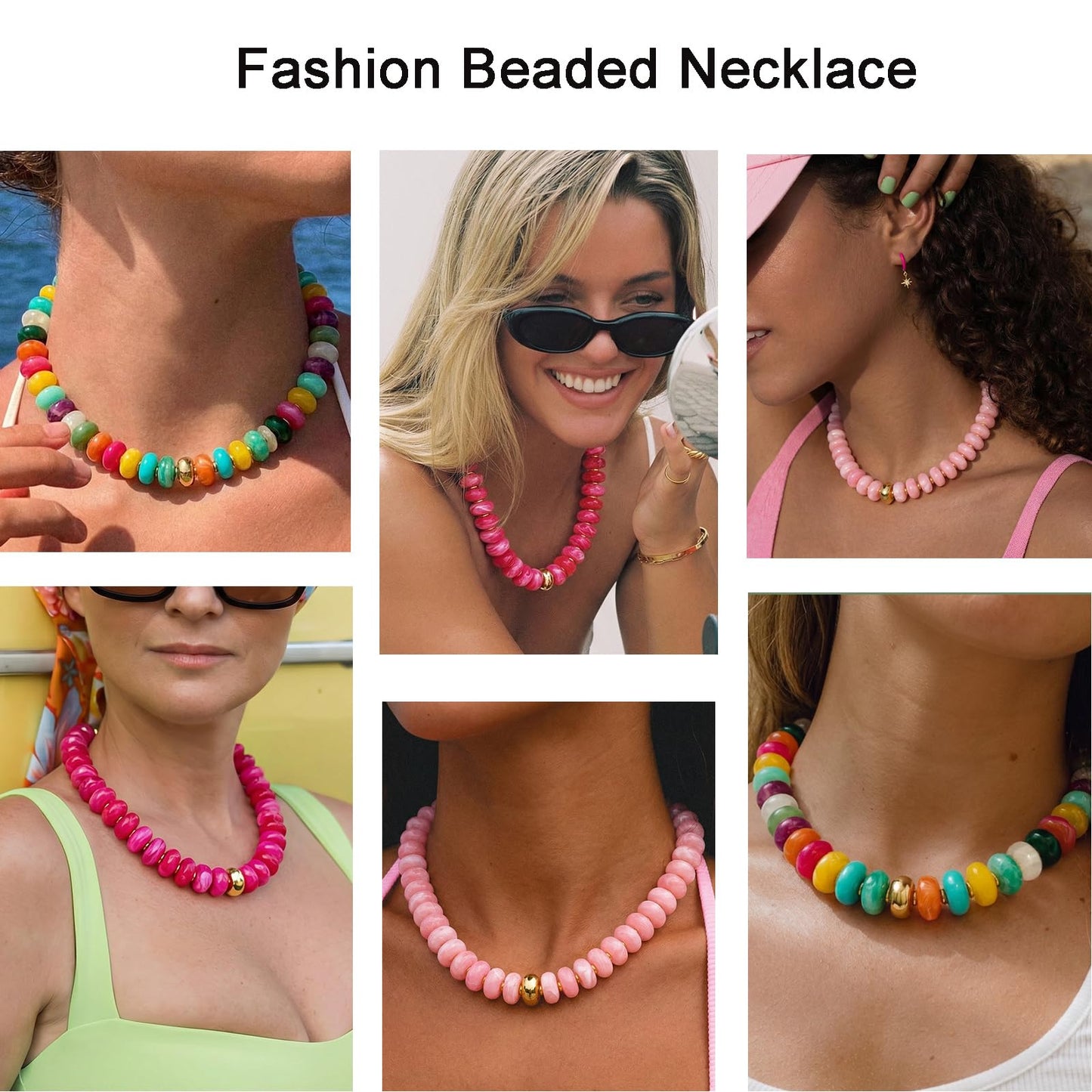 HolidayQbee Beaded Necklace for Women Chunky Beaded Choker Necklace Boho Oval Pink Big Bead Statement Necklaces Fashion Trendy Summer Beach Jewelry Gifts