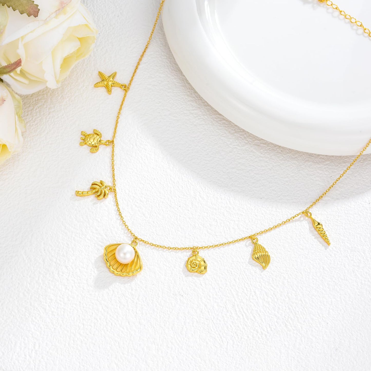 Real Pearl Beach Necklace for Women 18K Gold Plated Starfish Conch SeaShell Pendant Summer Beach Vacation Jewelry Gift for Birthday