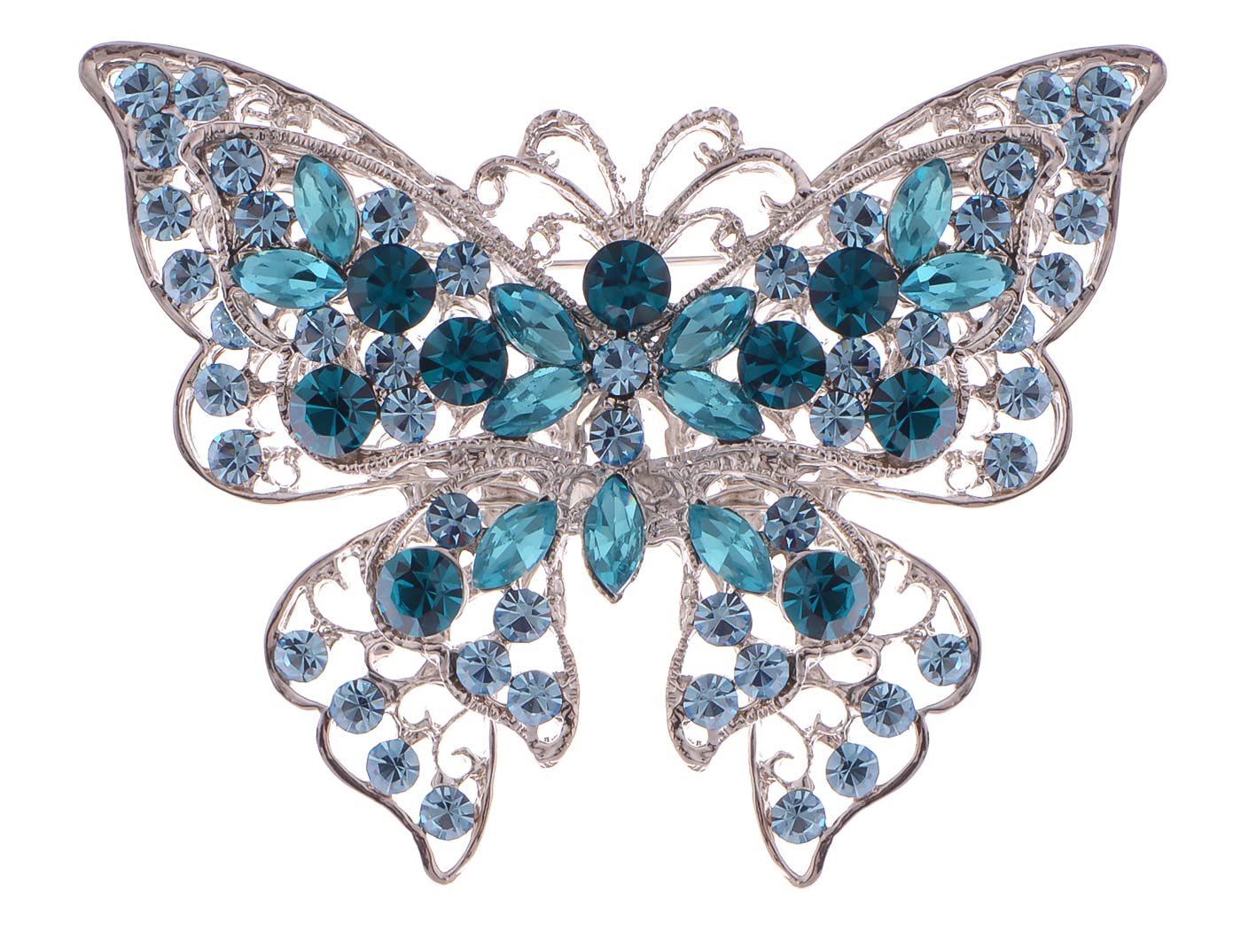 ALILANG Silvery Tone Crystal Rhinestone Hollow Out Butterfly Brooch Pin, Blue