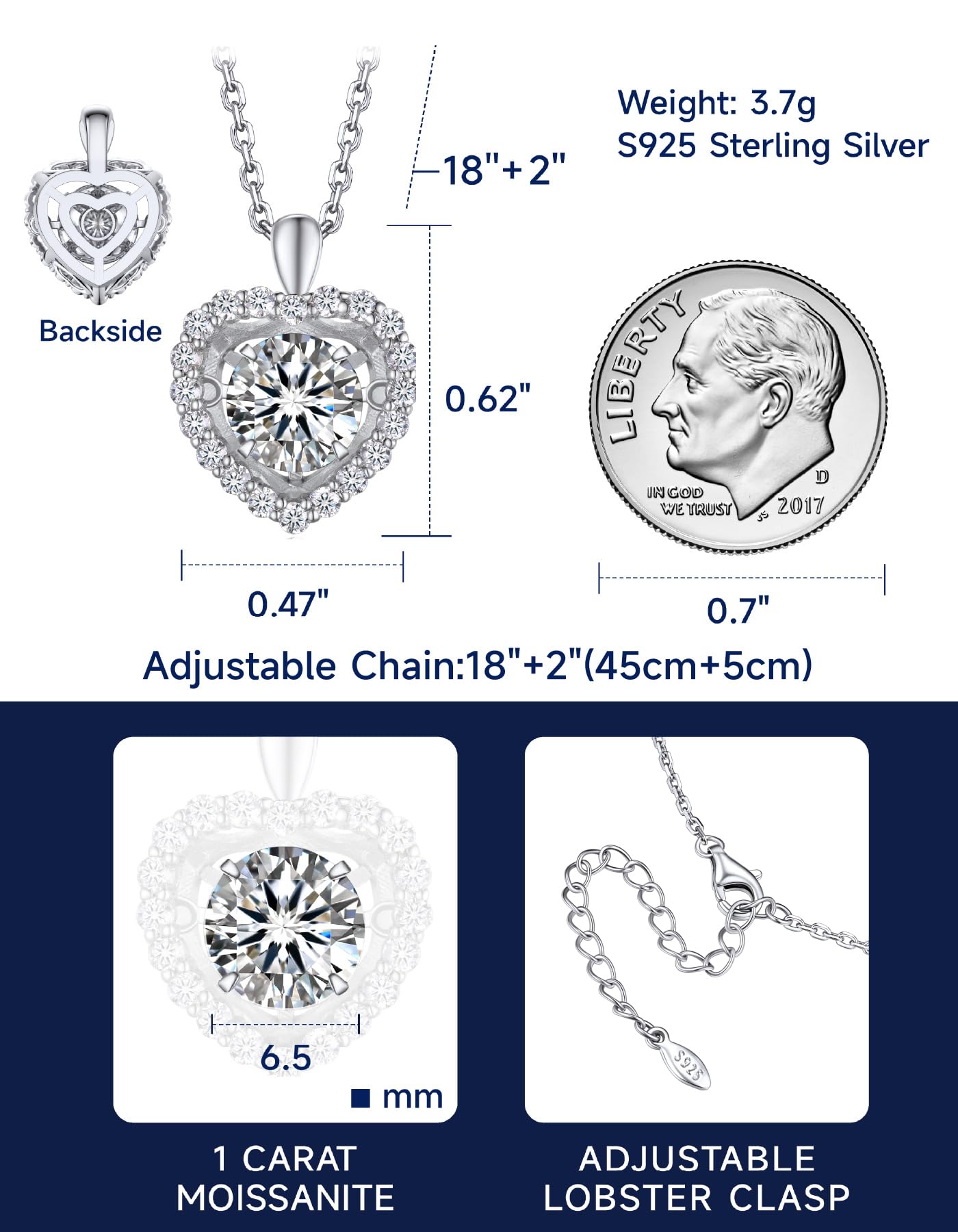 MomentWish Floating Heart Necklaces for Women 1Carat D Color VVS1 Moissanite Diamond Necklace Sterling Silver Charm Necklace for Women Jewelry Gifts