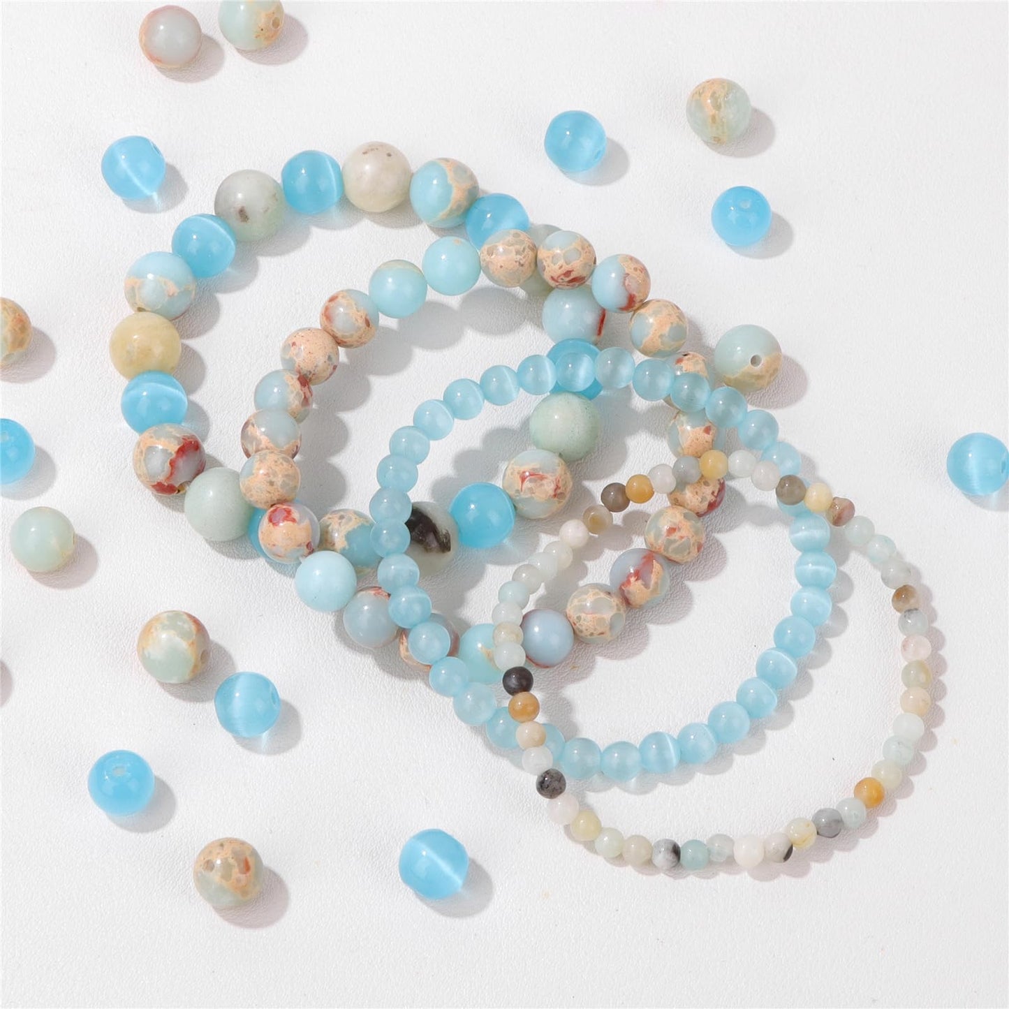 Vinswet 4pcs Natural Stone Beaded Bracelets for Women Men,Healing Crystal Gemstones Stretch Bracelet,4mm 6mm 8mm 10mm Amazonite Blue cat eyes Blue Jasper Anxiety Stress Relief Bracelet Jewelry Gifts