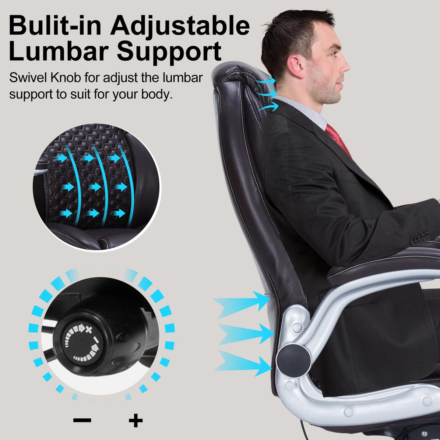 ZLHECTO Big and Tall Office Chair, Ergonomic Desk Chair with Flip-up Arms, PU Leather Office Chair for Home Office, Computer Chair with Adjustable Lumbar Support, Space Saving Executive Task Chair