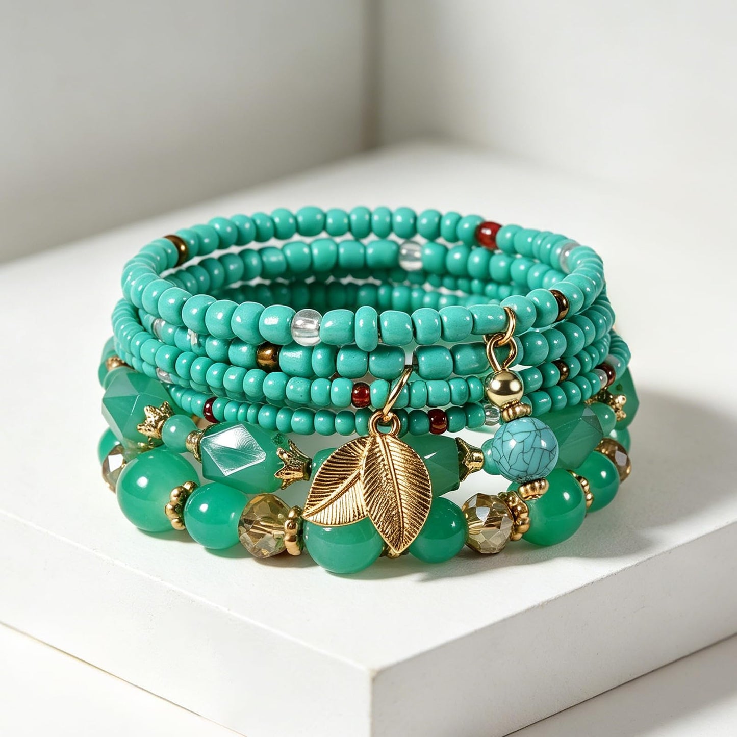 Briutn Turquoise Beaded Bracelet for Women Stackable Gold Leaf Charm Stretch Bracelets Boho Summer Beach Jewelry
