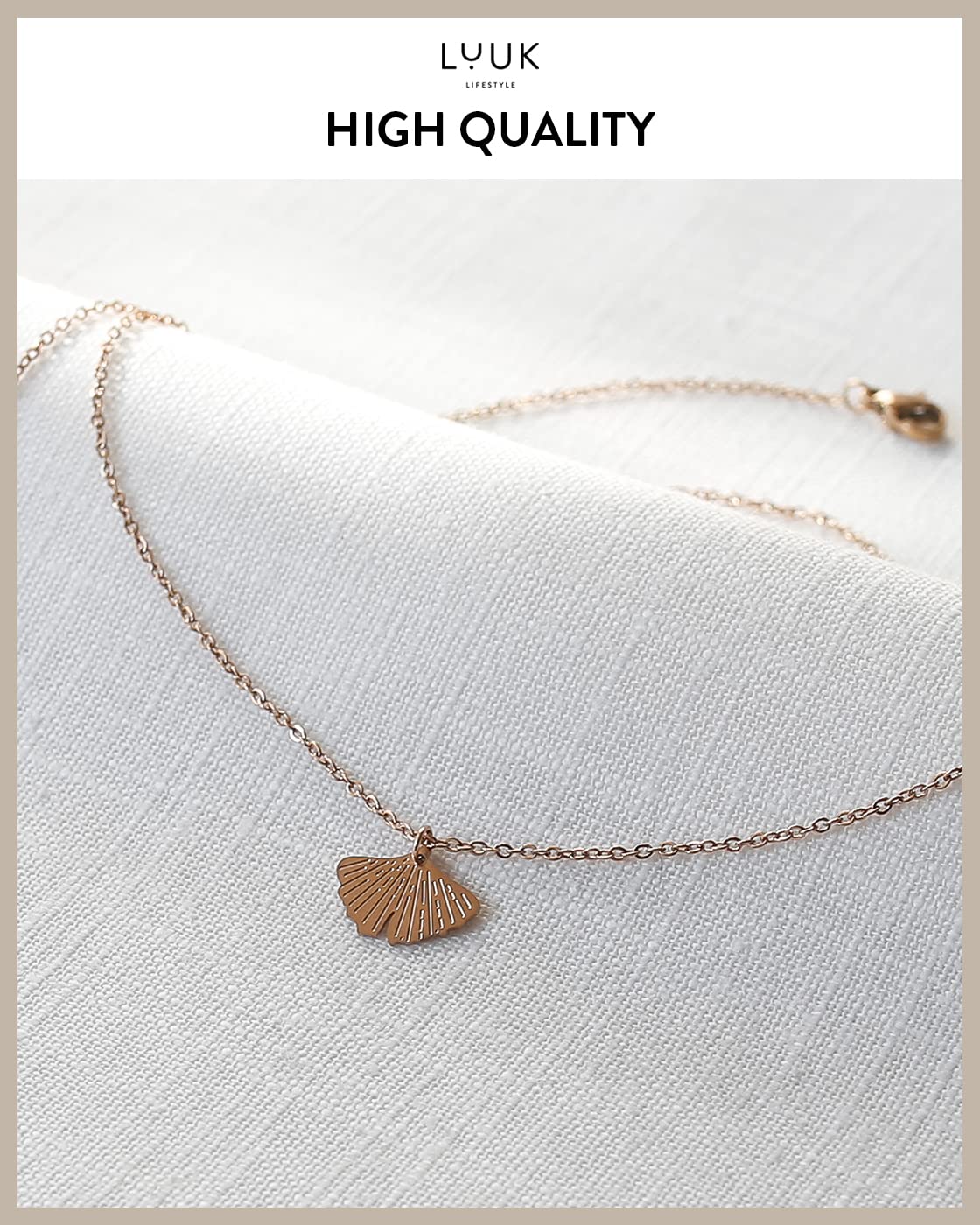 LUUK LIFESTYLE Filigree necklace with Gingko leaf pendant, HAPPINESS card, Stainless steel, Gift for women, 19” waterproof hypoallergenic chain, Rose gold