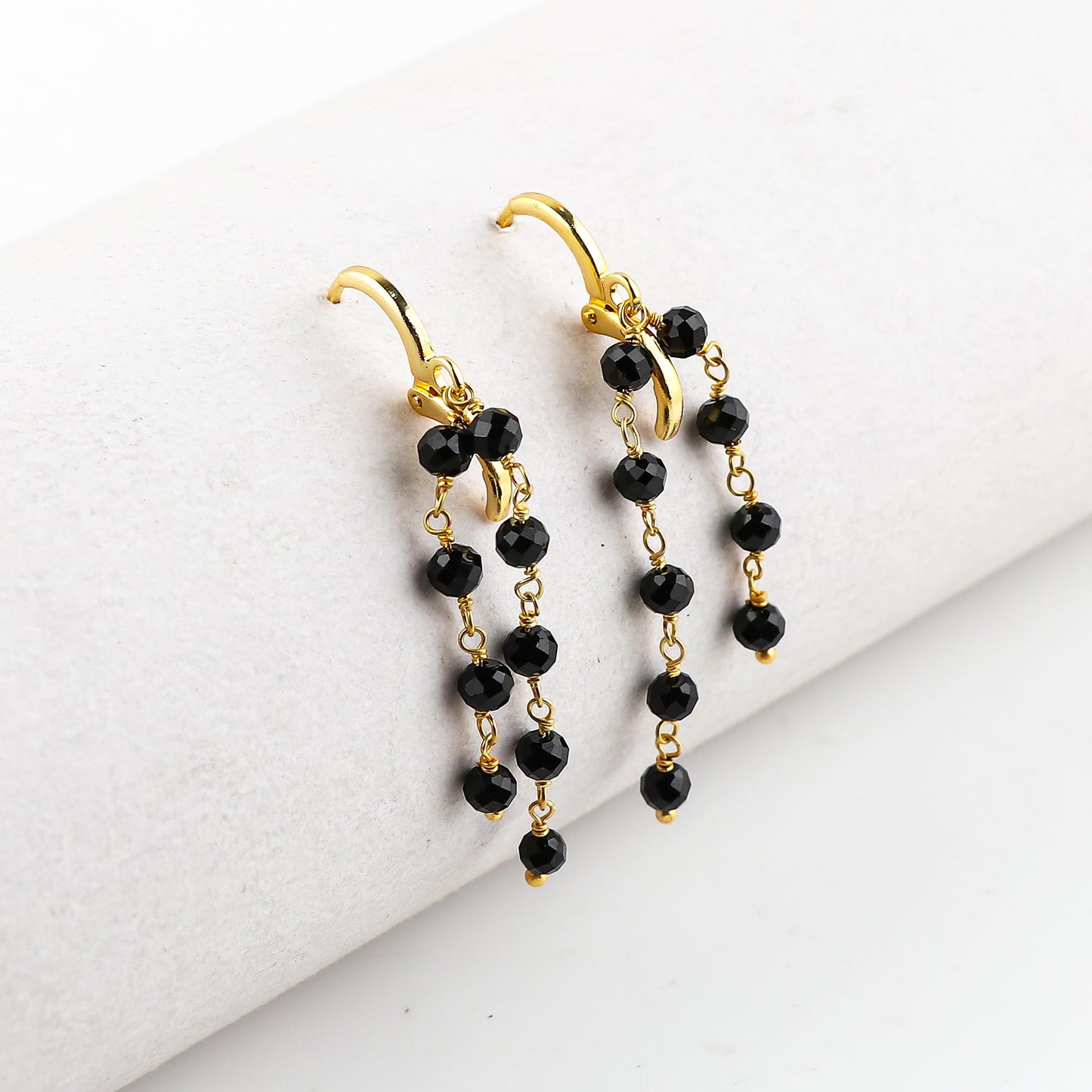 CRYSTALINES (3pcs) Natural Black Tourmaline Gemstone Cluster Jewelry Combo Set, 14K Gold Plated, Crystals Beads Rosary Chain, Handmade Bohemian Jewelry - Bracelets, Necklace, Earrings for Women