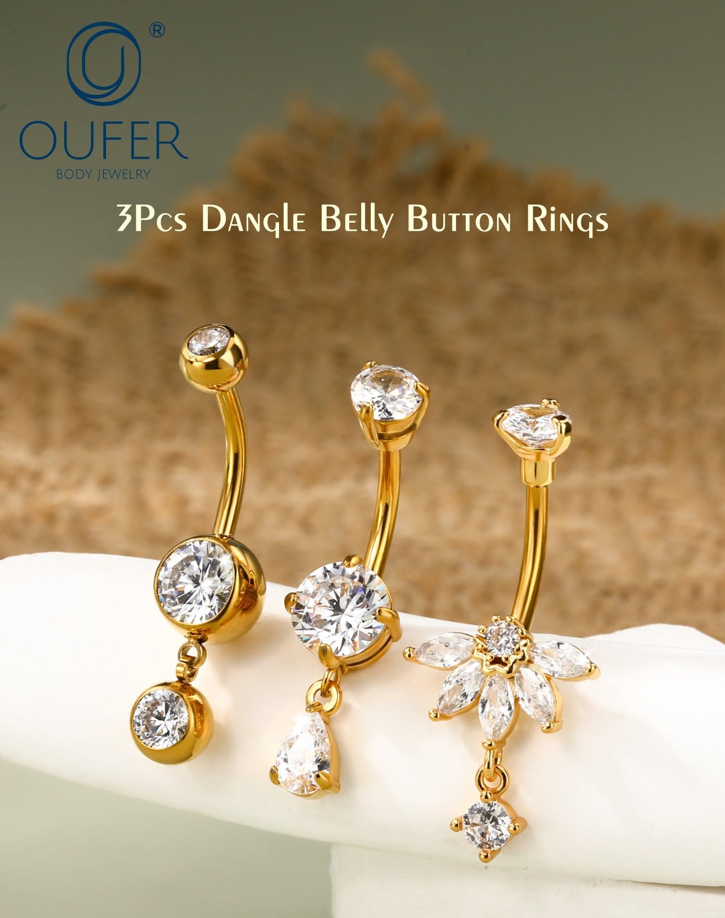 OUFER 3PCS Gold Dangle Belly Button Rings, 316L Surgical Steel Belly Rings for Women Dangling, 14G Flower Crystal Navel Piercing Jewelry, Clear CZ Curved Barbells