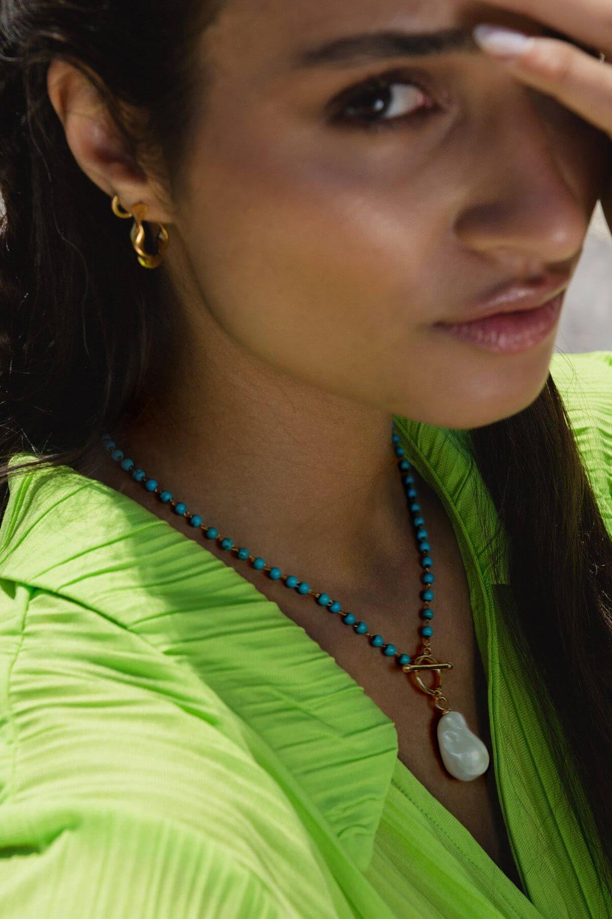 POTESSA Big Baroque Pearl Pendant Necklace Bohemian Turquoise Beaded 18K Gold Plated Toggle Clasp Necklace for Women Jewelry Gifts