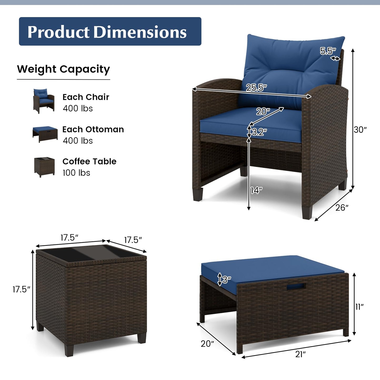Tangkula 5 Pieces Patio Conversation Set, PE Wicker Rattan Outdoor Furniture Set with 2 Chairs, 2 Ottomans & Tempered Glass Coffee Table, Ideal for Poolside, Backyard, Lawn, Deck, Mix Brown & Navy