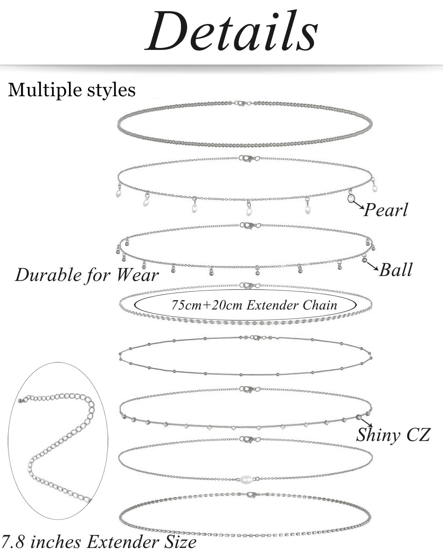 Tornito 8Pcs Waist Belly Chain CZ Heart Pearl Snake Bead Sequin Paperclip Belly Chain Summer Beach Sexy Body Chains Jewelry Accessories for Women Adjustable