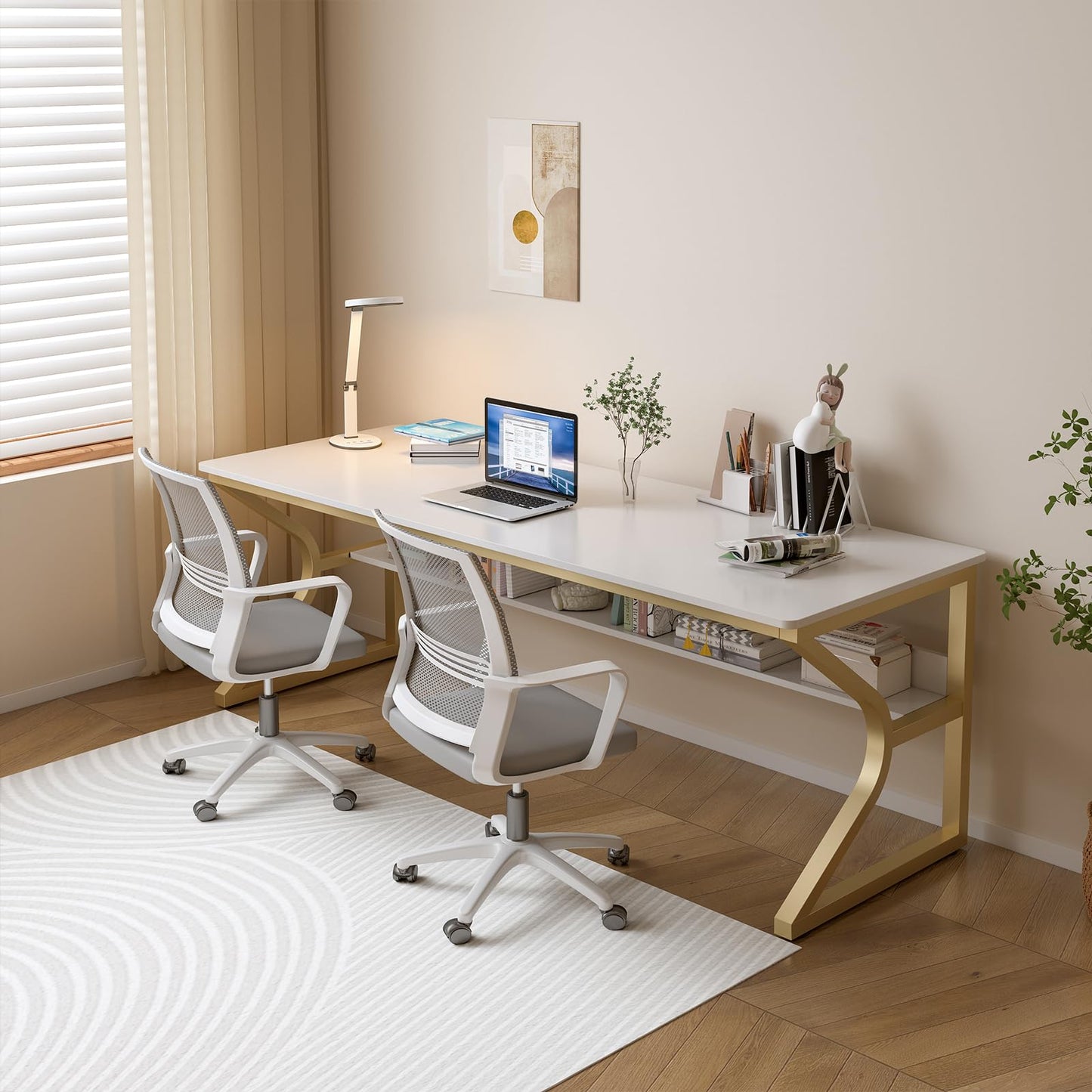 OSCHF Extra Long Desk with Bookshelf - 71" Double Long Writing Table for 2-Person Workstation, Modern Study Work Computer Desk for Home and Office, Gold