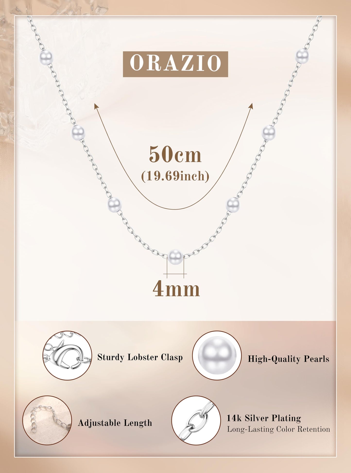 ORAZIO Dainty Gold Pearl Necklaces for Women, Silver Plated Faux Pearl Choker Necklaces Trendy Small Pearl Necklace Strand Wedding Prom Bridal Pearls Jewelry Gifts 20 in 4mm