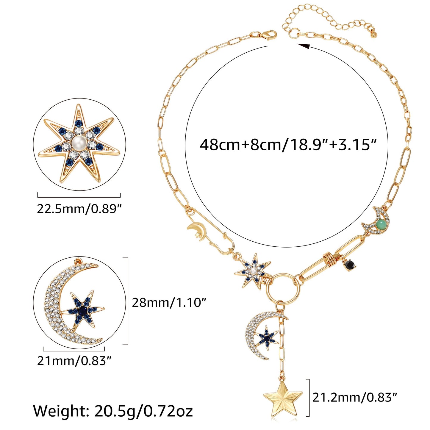 BONJOULRY Charm Necklace for Women Gold Moon and Star Charms Pendant Necklace Vintage Dainty Paperclip Chain Chunky Boho Gothic Y Choker Necklace Jewelry Gifts Celestial