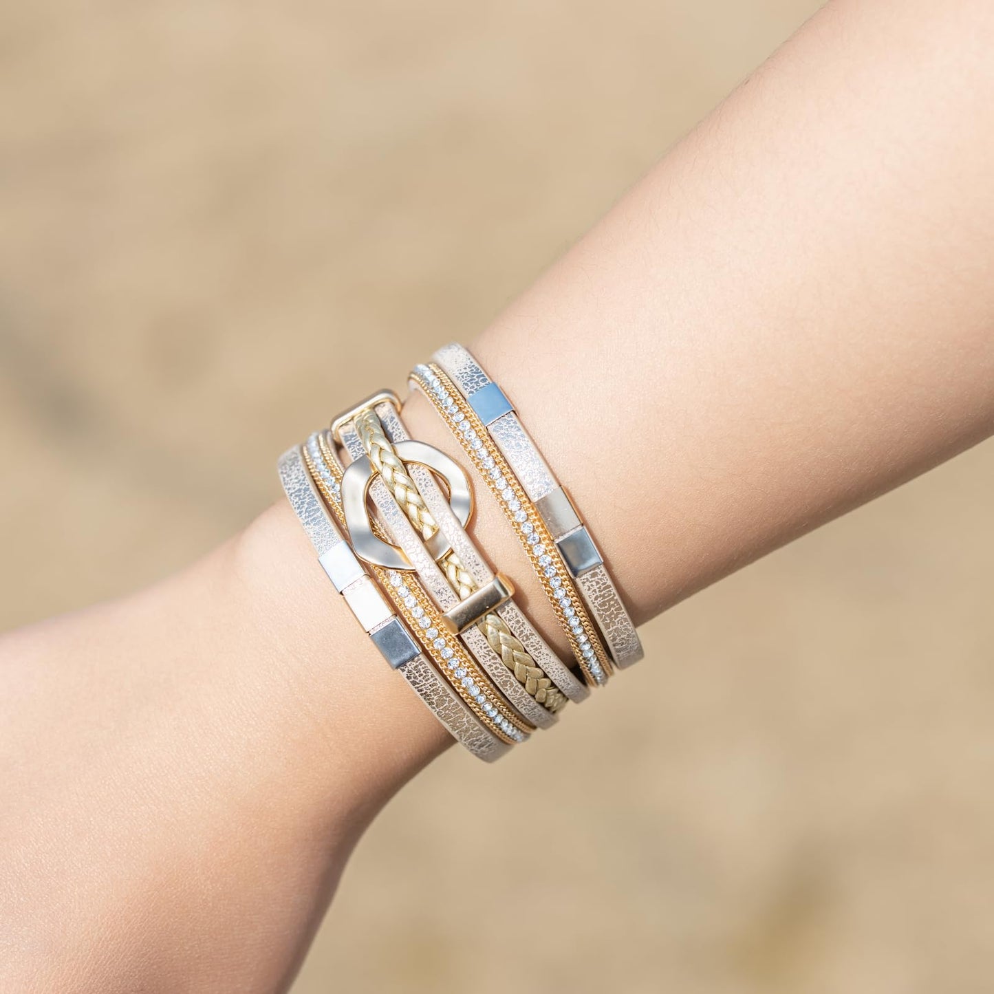 FANCY SHINY Boho Leather Wrap Bracelets Circle Square Bead Braided Handmade Stackable Bracelet Trendy Cuff Bangle for Women(Cream)