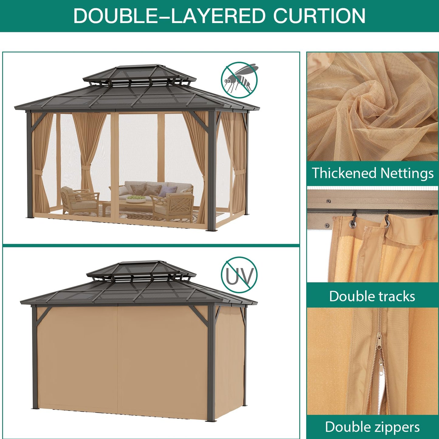 10x13 ft Permanent Aluminum Gazebo with Double-Layer PC Roof, Sturdy Metal Pavilion Canopy, All-Weather Outdoor Sunshade Structure with Retractable Curtains for Patio, Backyard, Garden, Deck