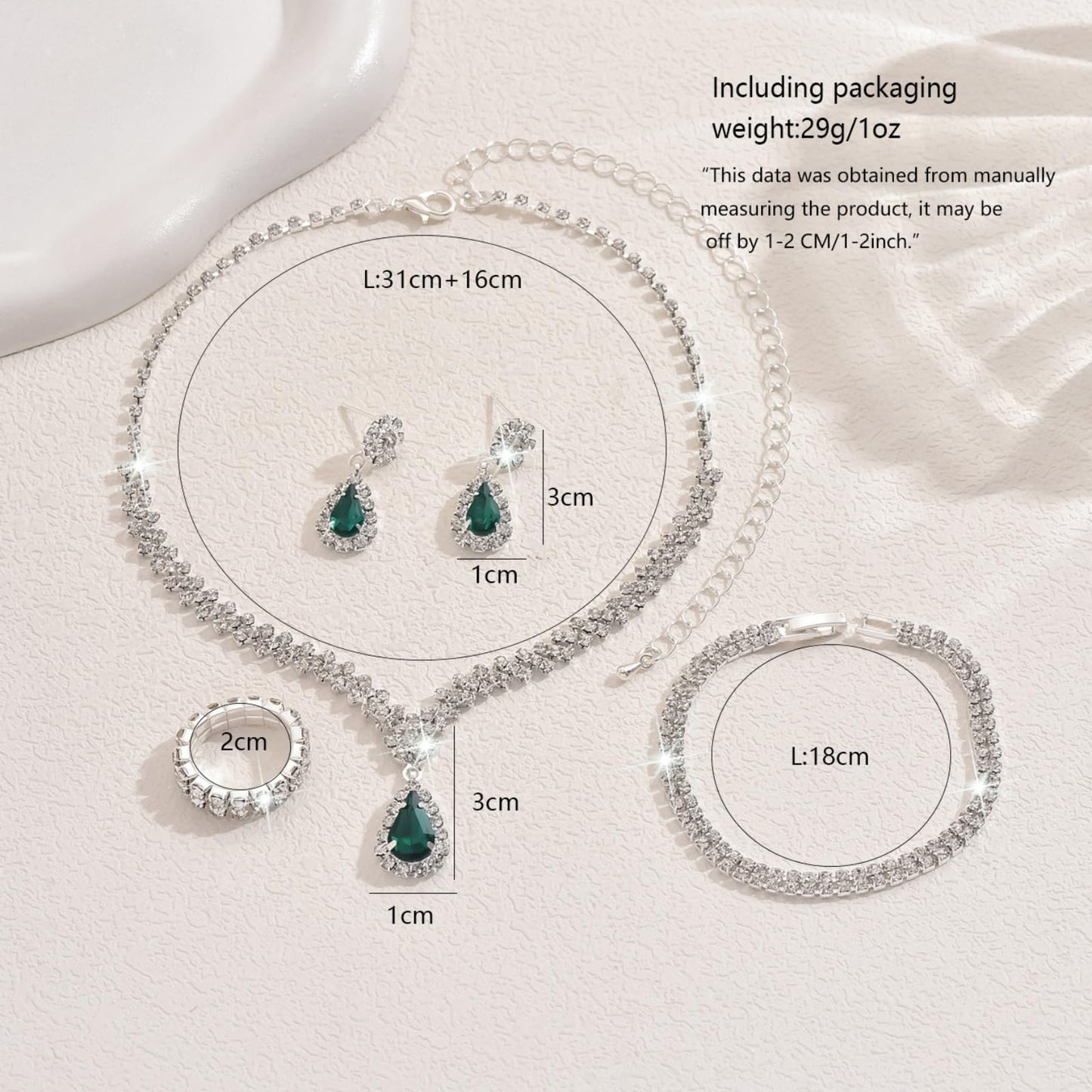 IS4U Rhinestone Water Drop Set for Women Bridal Wedding Vintage Colourful Crystal Zircon Statement Necklace Ring Earrings Bracelet Set Party Dress Ball Fashion Jewellery (Green)