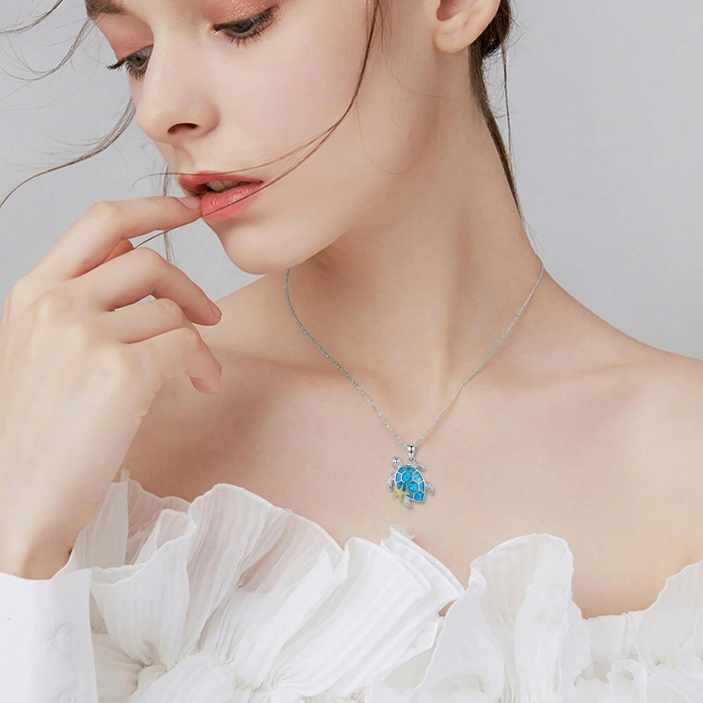HKPATOP Sea Turtle Necklace 925 Sterling Silver Blue Opal Starfish Pendant Necklace Beach Ocean Turtle Jewelry Gift for Women