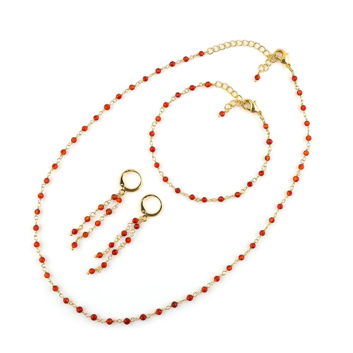 CRYSTALINES (3pcs) Natural Carnelian Gemstone Cluster Jewelry Combo Set, 14K Gold Plated, Crystals Beads Rosary Chain, Handmade Bohemian Jewelry - Bracelets, Necklace, Earrings for Women