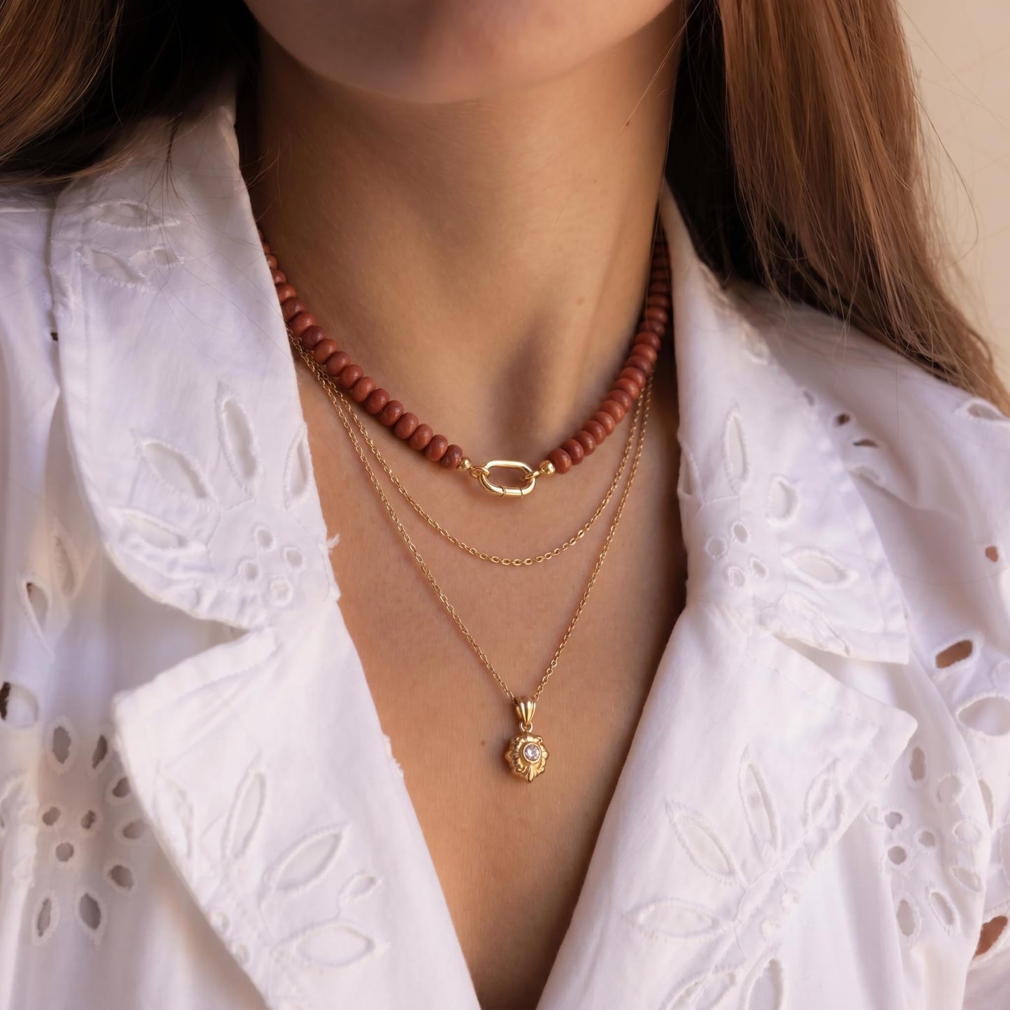 CONRAN KREMIX Brick Red Stone Beaded Necklace for Women,Natural Stone Bead Choker Necklaces Boho Summer Beach Necklace Gemstone Jewelry Gift for Women
