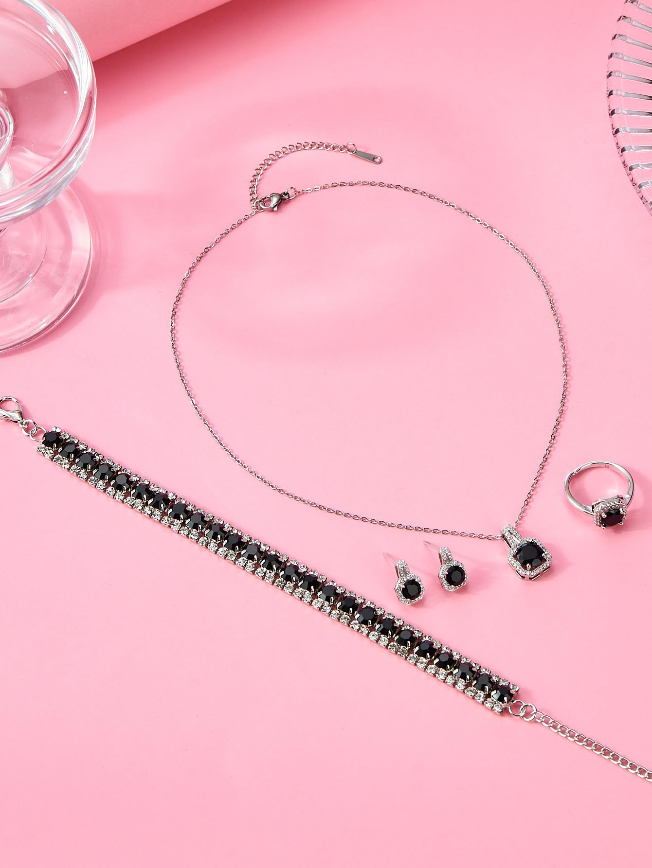 Paxuan Crystal Rhinestone Wedding Jewelry Sets Bridal Pendant Necklace Stud Earrings Link Bracelets Rings Set for Women (Platinum Plated Black Cubic Zirconia)