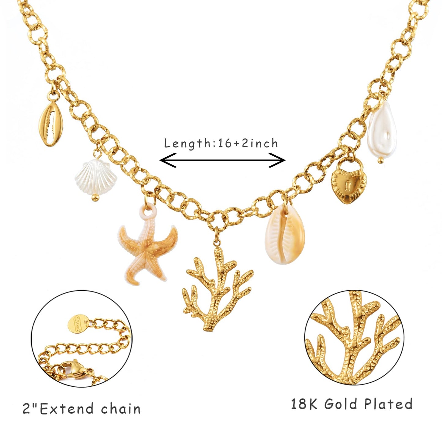 LCTrusttmor Gahna Coral Necklace for Women, 18K Gold Plated Pearl Heart Shell Starfish Charm with Adjustable Choker Necklaces for Women, Summer Beach Jewelry Gifts
