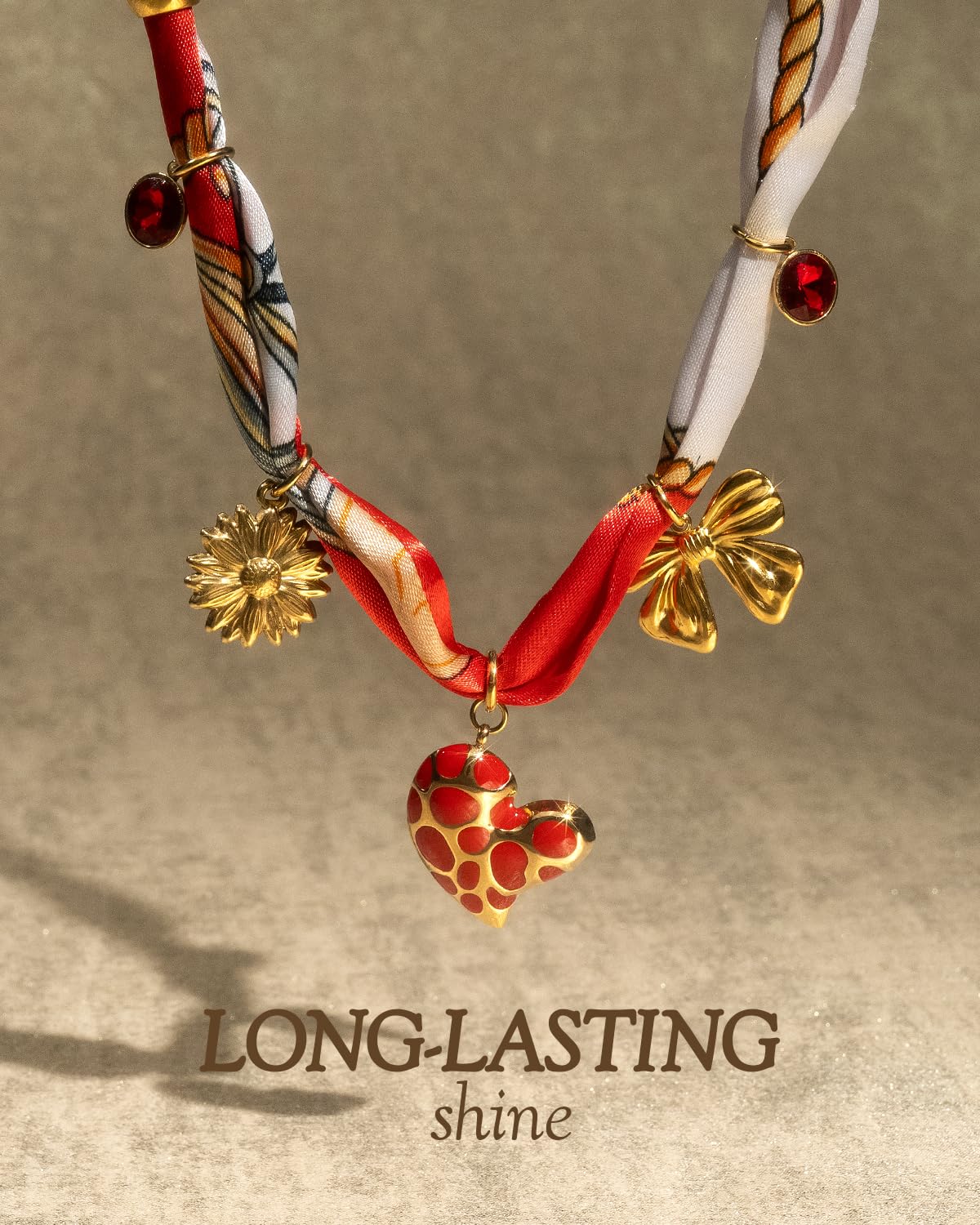 DoDoBeads Scarf Charm Necklace – Vintage Love – Red Enamel Heart & Bow Charm Necklace with Gold-Tone Stainless Steel Accents