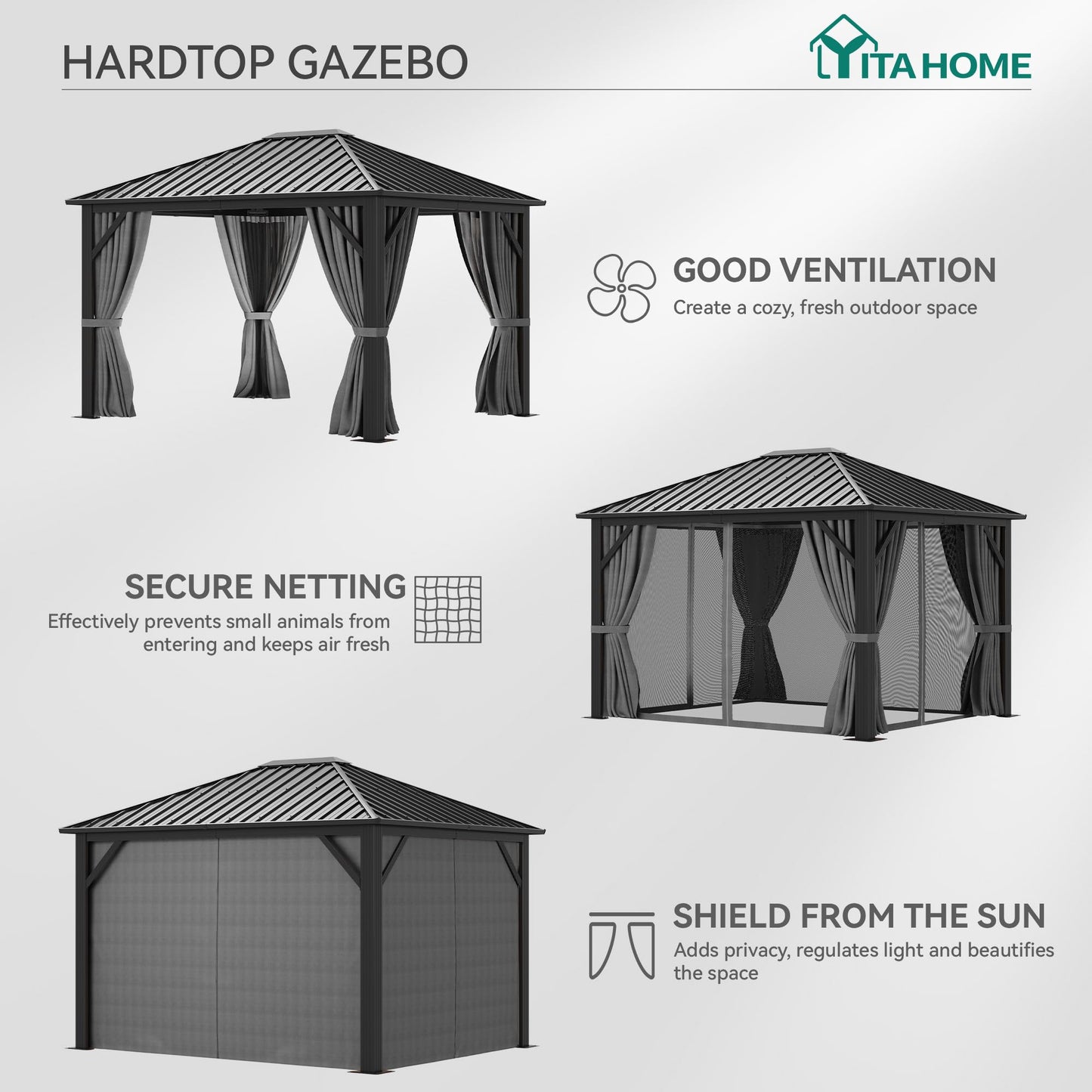 YITAHOME 10X12FT Single Hardtop Metal Gazebo Top Outdoor Patio Canopy Galvanized Iron Aluminum Column Garden Tent Curtains Netting for Backyards Decks Lawns,Gray