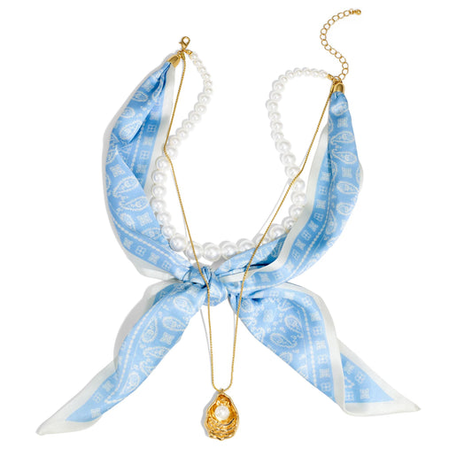ENSKEFEN Chunky Statement Three-Layer Necklaces for Women Trendy Boho Scarf Necklace with Pearl Choker Gold Shell Pendant Necklace Summer Beach Jewelry