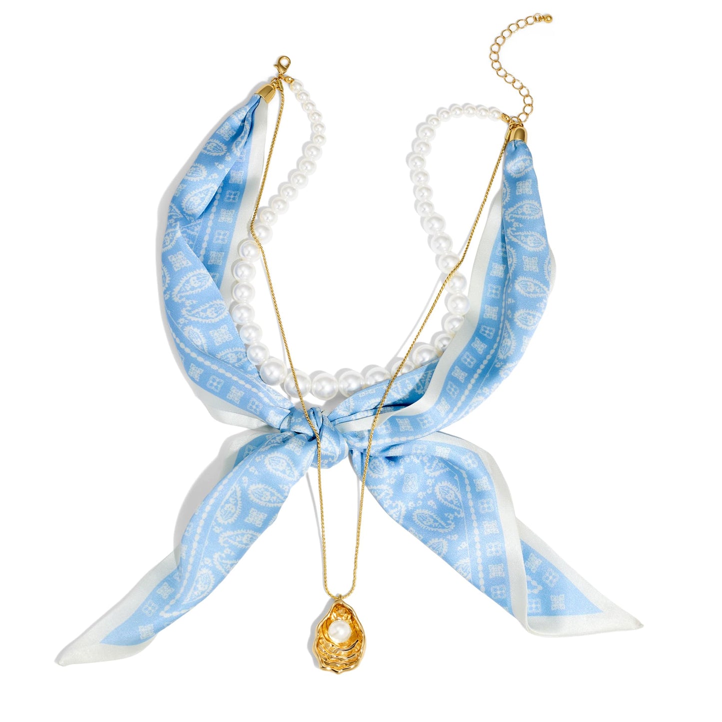 CLASSYZINT Layered Necklace for Women Blue Scarf Necklace Pearl Necklace Gold Shell Pendant Necklace Beach Jewelry Fashion Necklace