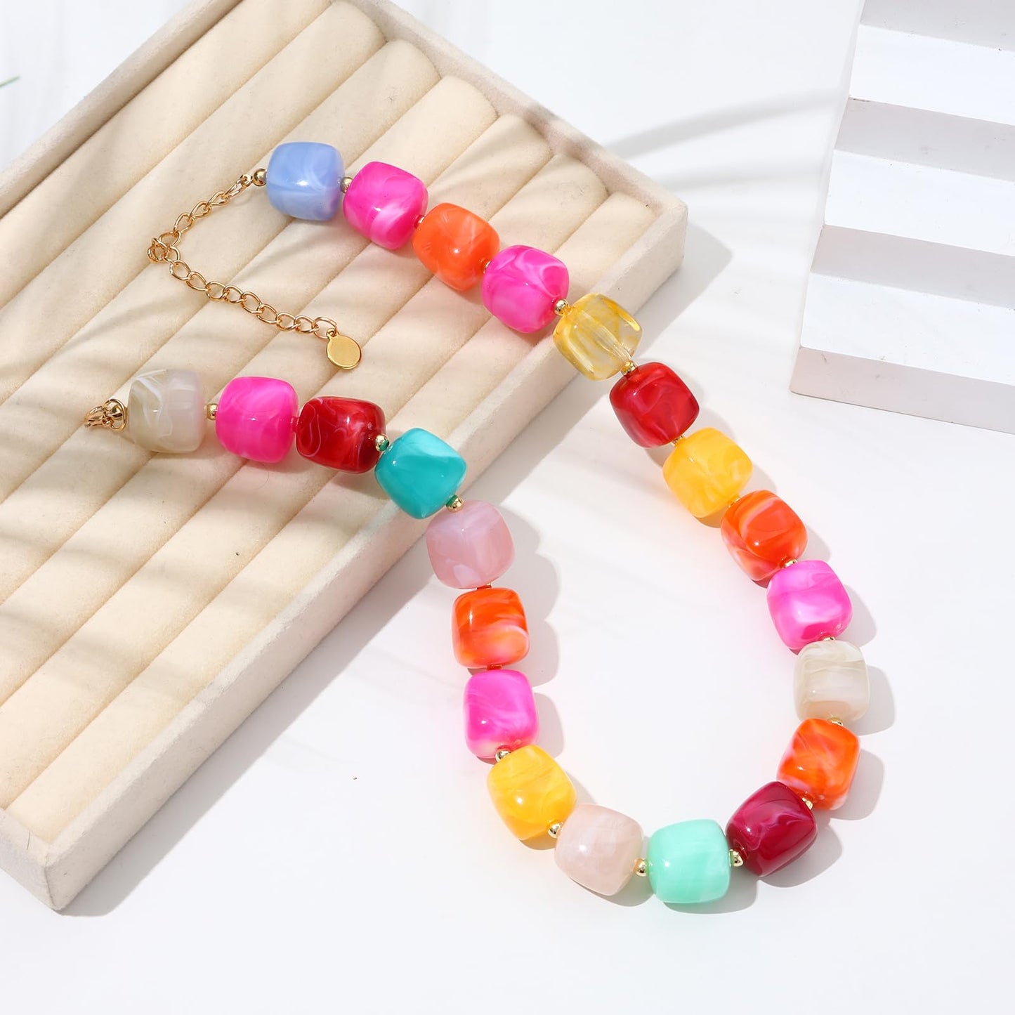 joymiao Resin Chunky Beaded Necklace for Women Colorful Rainbow Square Acrylic Beaded Necklace Statement Summer Jewelry