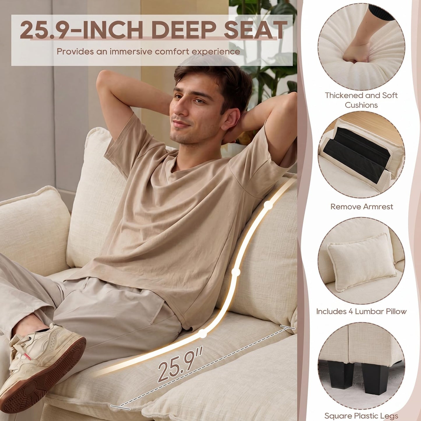 IPKIG 154" Modular Sectional Sofa, Chenille C-Shaped Sectional Couch Comfy Upholstered Seat Sofa with Ottoman, Deep Seat Cloud Couch Sofa for Living Room, Beige