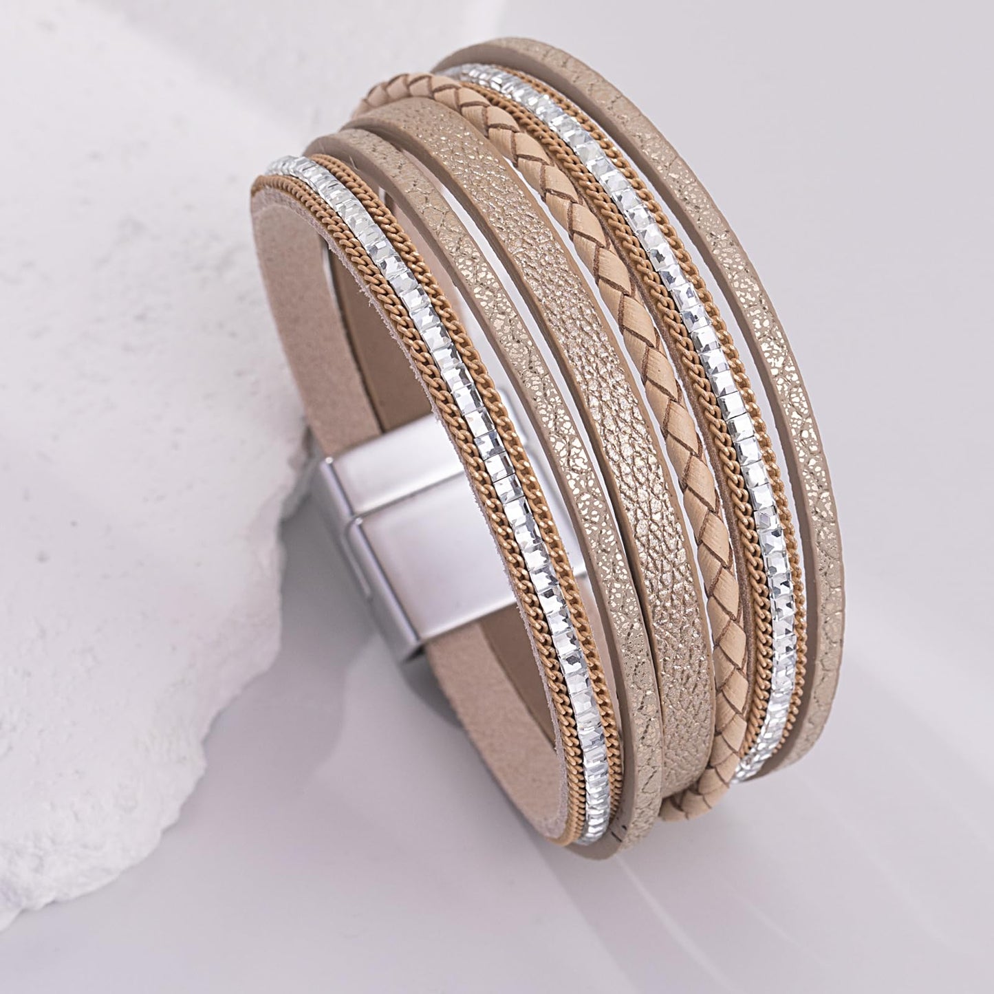 FANCY SHINY Boho Leather Wrap Bracelets Trendy Layered Bracelets with Magnetic Clasp Strackable Bohemian Cuff Jewelry Gifts for Women(Cream)