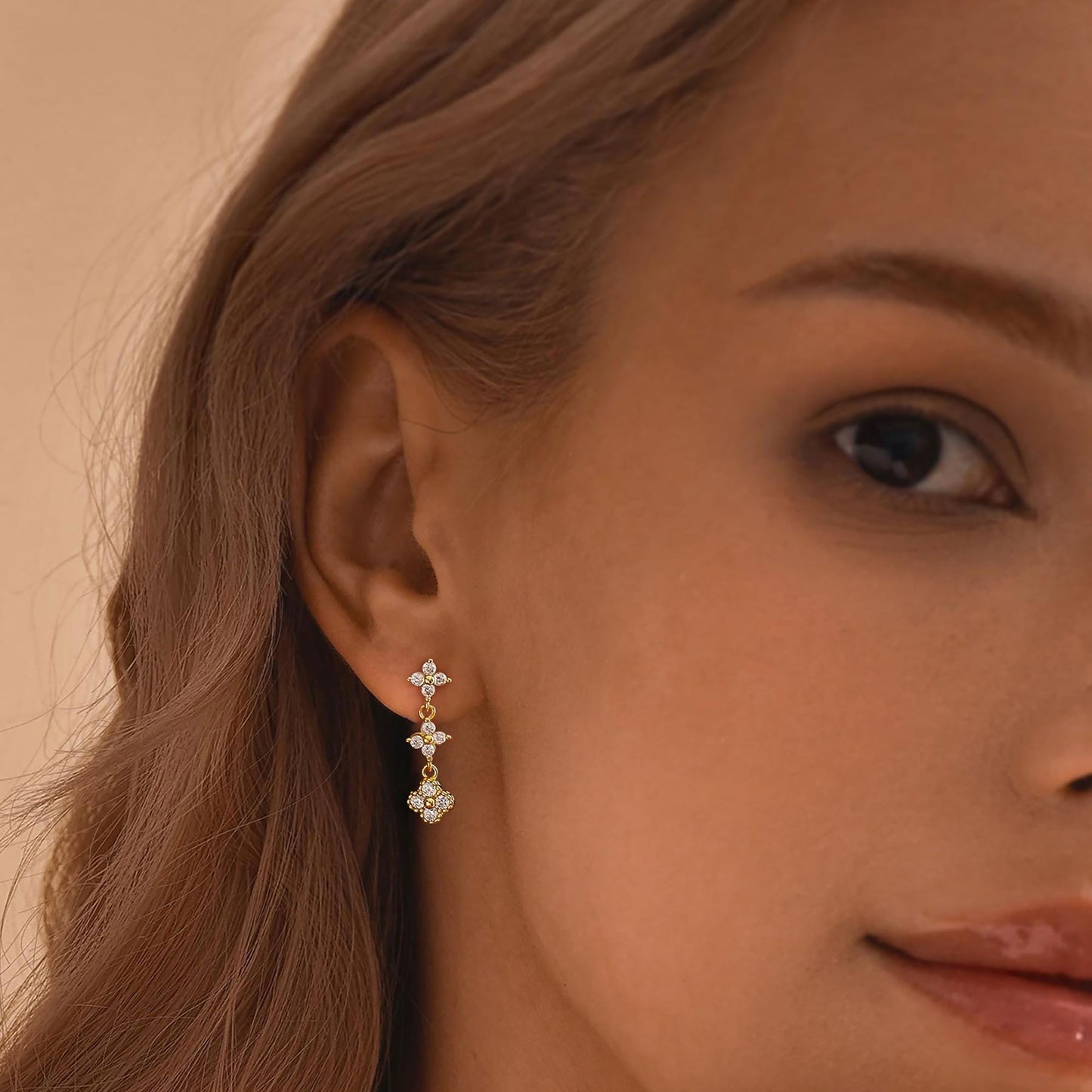Voduim Dangle Earrings for Women, Dainty Wedding Earrings 14k Gold Plated Clover Drop Earrings for Women Trendy Cute Gold Earrings Long Dangling Rhinestone Earrings Unique Prom Jewelry for Women