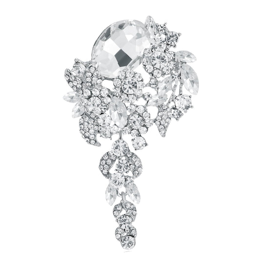 SELOVO Long Flower Brooch Pin for Women Wedding Bridal Party Clear Rhinestone Brooch Pendant