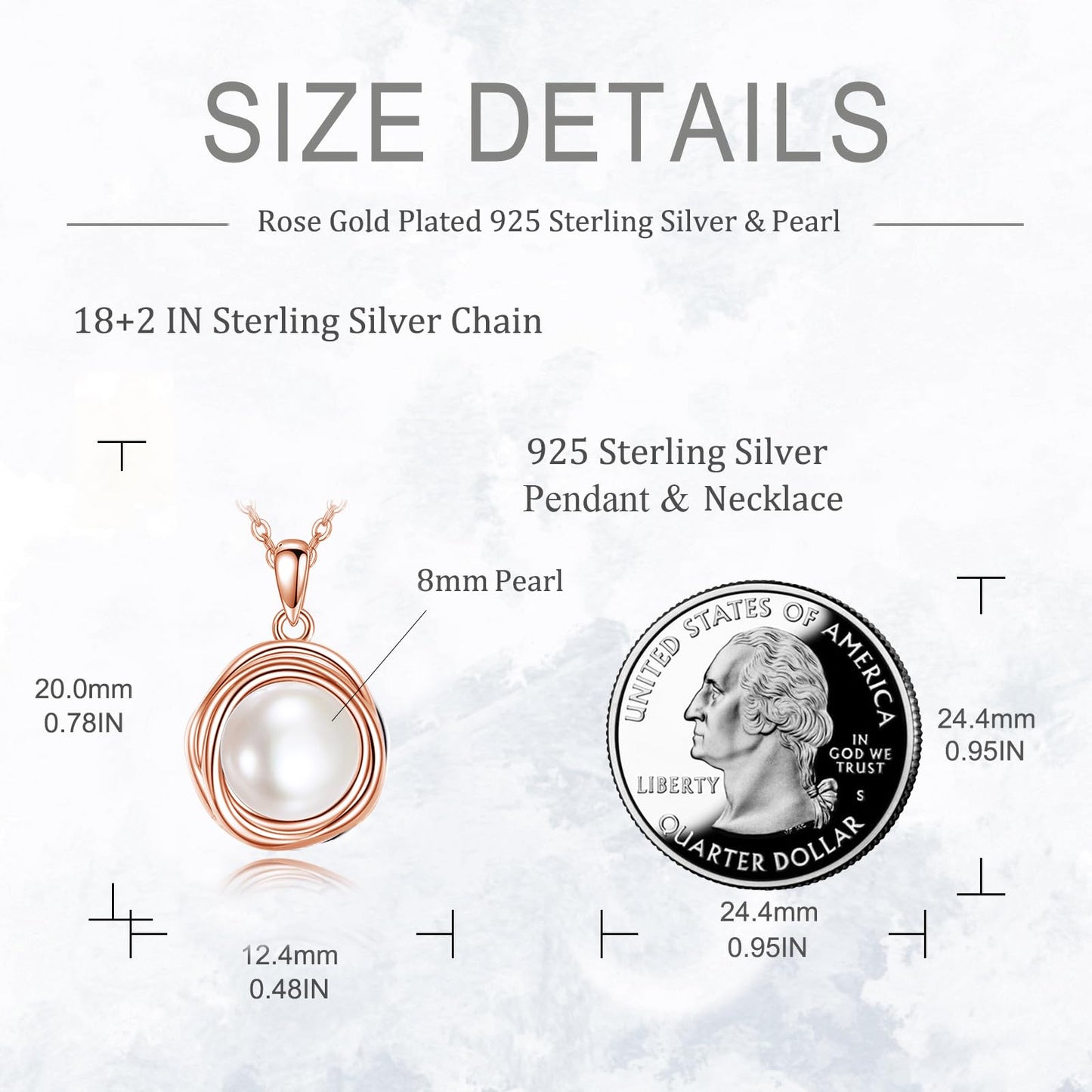 POPLYKE Pearl Necklaces for Women Rose Gold Plated 925 Sterling Silver Single Pearl Necklace Pearl Pendant 8mm Pearl Jewelry Gifts for Mom Wife
