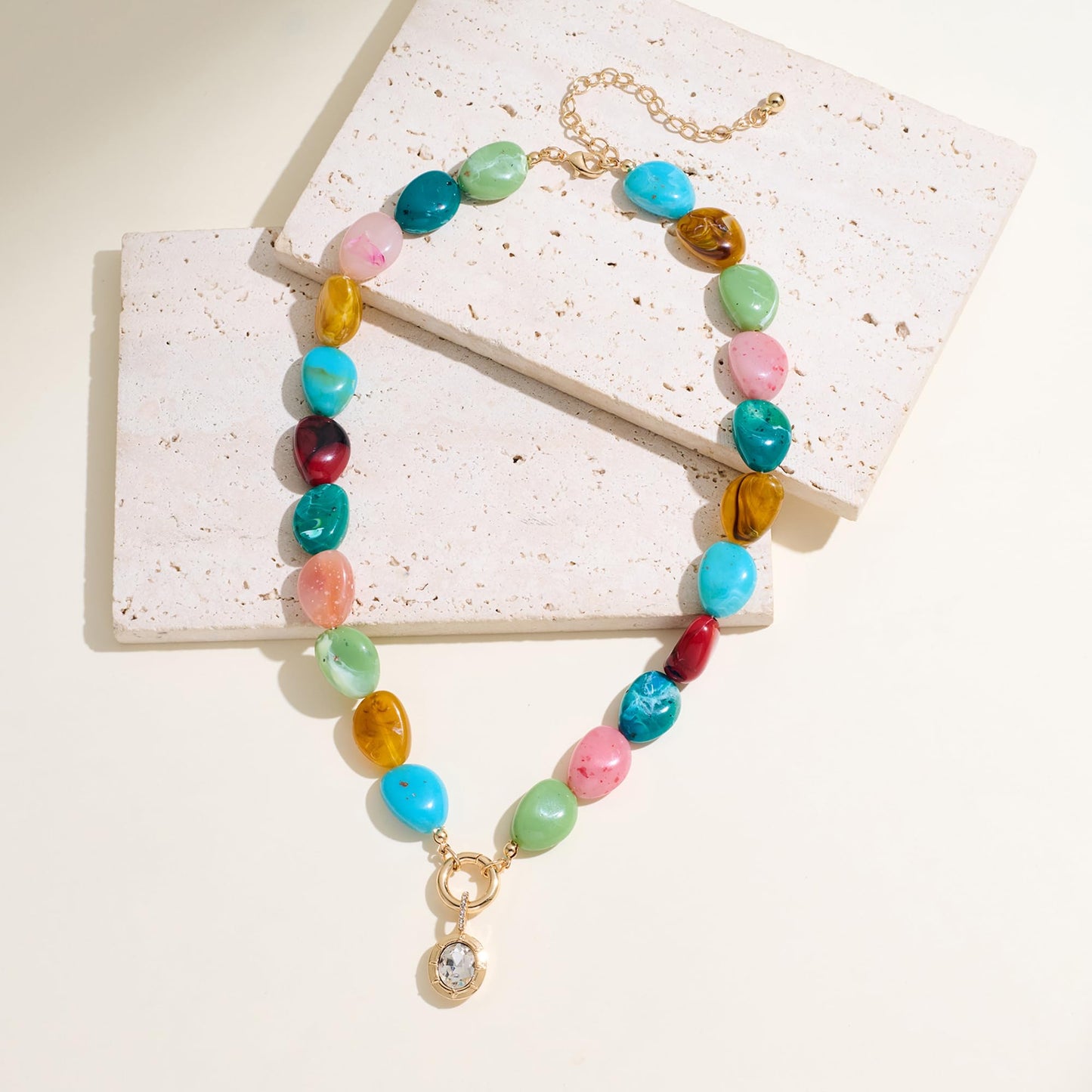 RepaTime Boho Colorful Acrylic Beaded Necklace for Women, Dainty Gold Plated Chunky Necklace with Cubic Zirconia Pendant, Statement Resin Bead Choker Necklace, Summer Beach Jewelry Gift for Her