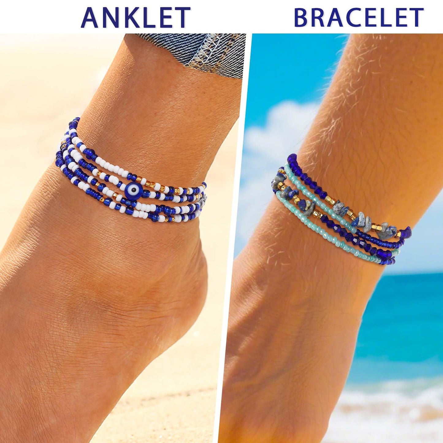 ELABEST Adjustable Handmade Waist Beads Stretchy 23-52 inch 8Pcs Chakra Body Belly Beaded Women Waist, Anklet, Bracelet, Necklace Jewelry with Screw clasp (Blue, 39.3inch/100cm)