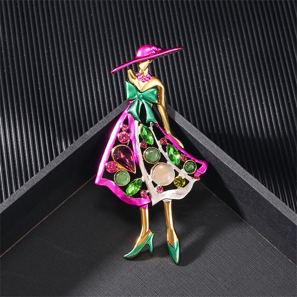 Rhinestone Lady Brooch Pin for Women Girls Fashion Pink Green Crystal Enameled Hat Bag Brooches Lapel Pins Breastpin Sorority Sisterhood Dress Accessories Jewelry Dainty Gift Souvenir