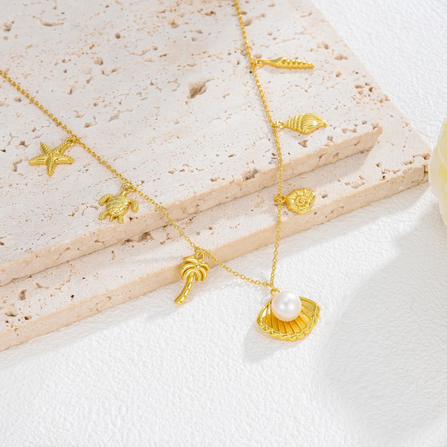 Real Pearl Beach Necklace for Women 18K Gold Plated Starfish Conch SeaShell Pendant Summer Beach Vacation Jewelry Gift for Birthday