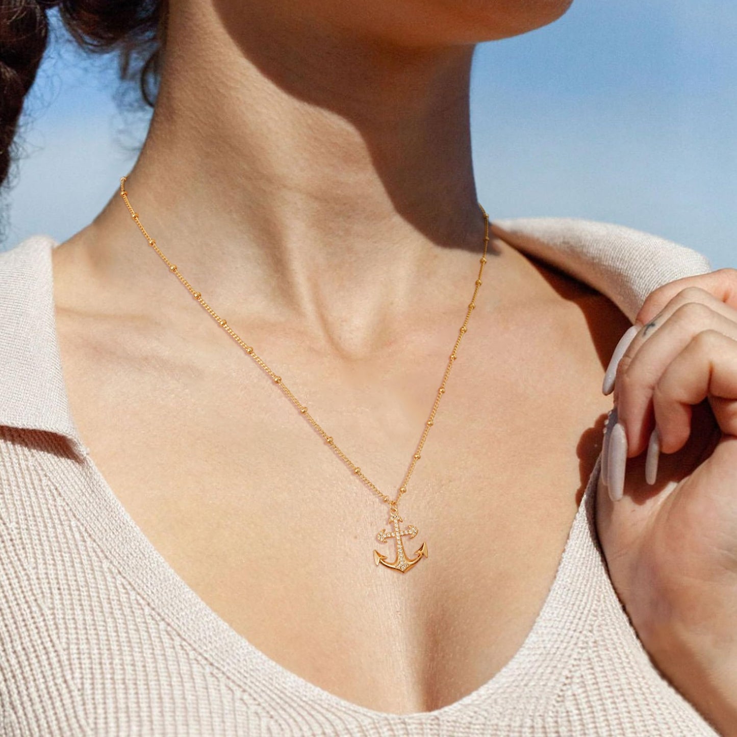 MTMY Gold Starfish Necklace 14K Gold Plated Shell Conch Ocean Pendant Necklace for Women Beach Summer Jewelry(CZ Anchor)