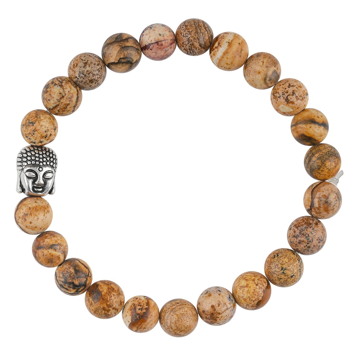 CRYSTALINES Buddha Charm Stretchable Braceclet, Natural Picture Jasper Gemstone Beads, Plain Round Stones, Handmade Boho Strech Bracelet, Adjustable Spiritual Healing Crystal Unisex Jewelry Gift