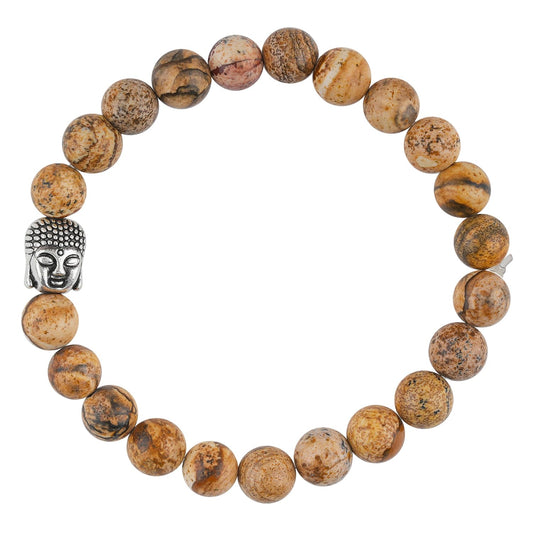 CRYSTALINES Buddha Charm Stretchable Braceclet, Natural Picture Jasper Gemstone Beads, Plain Round Stones, Handmade Boho Strech Bracelet, Adjustable Spiritual Healing Crystal Unisex Jewelry Gift