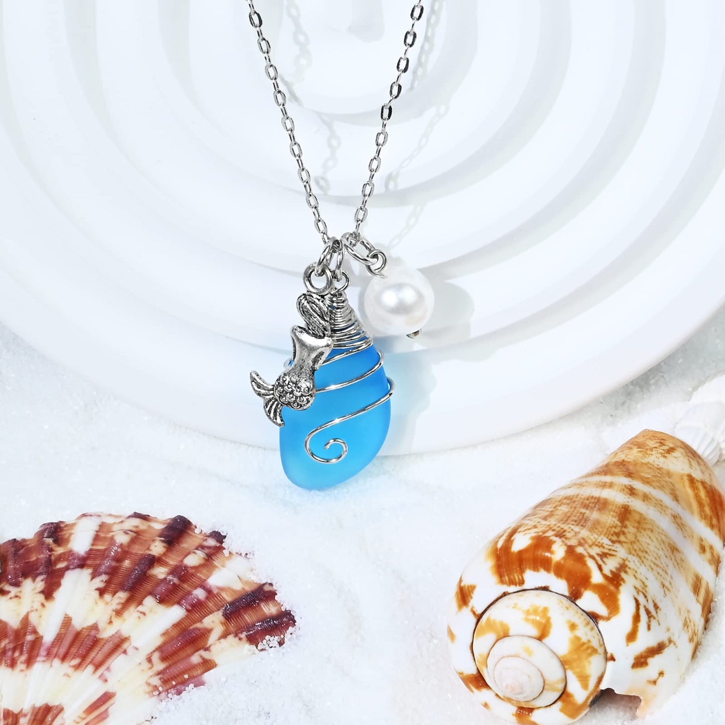 Sea Glass Necklace, Beach Jewelry for Women, Wire Wrapped Beach Necklaces with Mermaid Pendant, Freshwater Pearls, Sea Glass Jewelry, Handmade Necklaces Gift for Women Girls